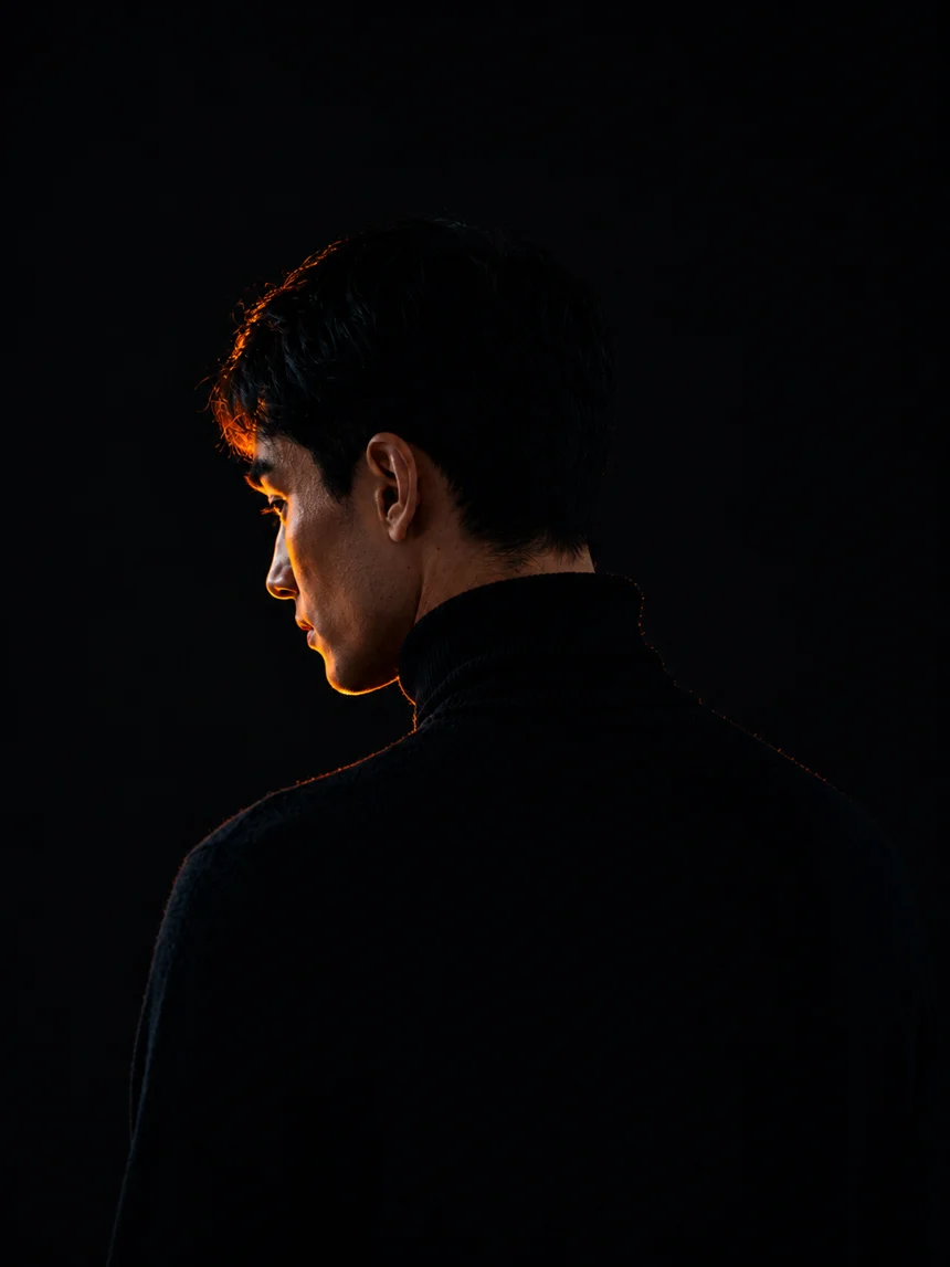 A candidate seen from behind, lit by a single orange rim light, deliberately out of focus until scanned.